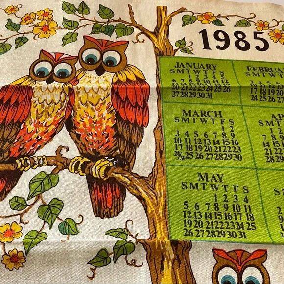 Vtg Tea Towel Calendar Owls In Tree Give Thanks Fruits Flowers Mushrooms - Picture 6 of 9